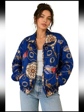 Vintage COACO 100% Silk Nautical Print Windbreaker bomber Jacket Blue. Med